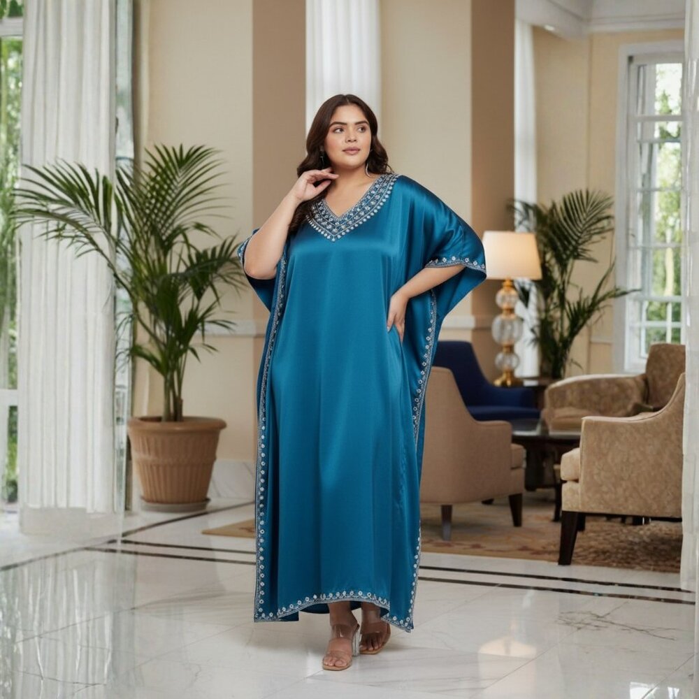 Gypsie Blu Solid Satin Embroidery Corsair Blue Women Kaftan Dress Plus Size Maxi